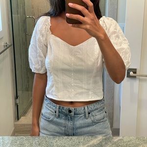 White puff sleeve eyelet top